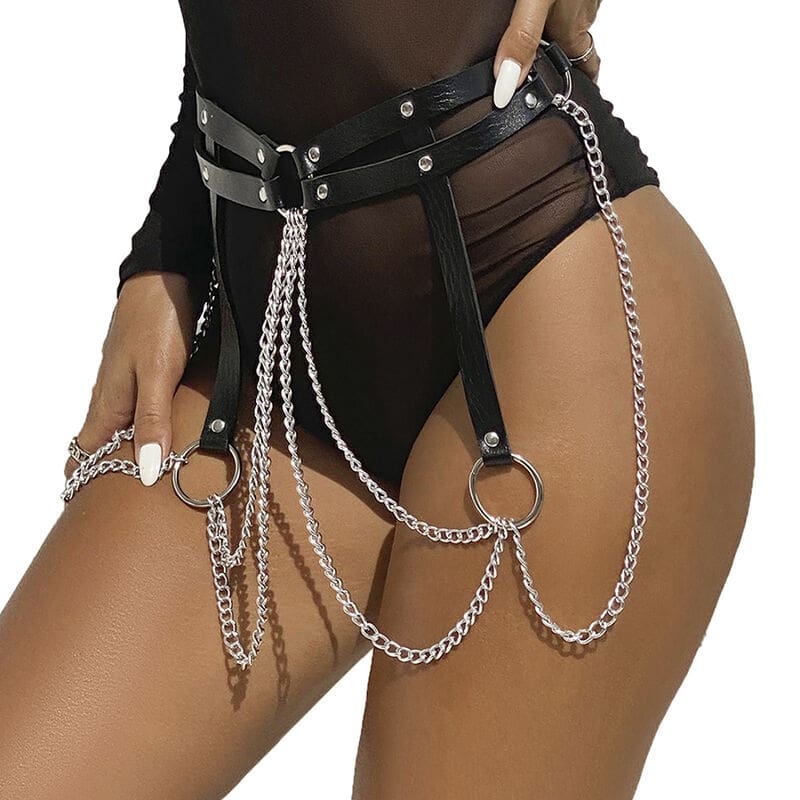 CINTURON DE CADENAS ANILLAS CUERO NEGRO TALLA ÚNICA