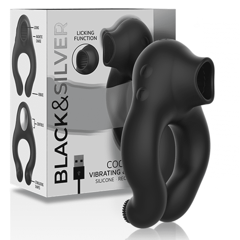 BLACK&SILVER ANILLO VIBRADOR SILICONA 3 MOTORES RECARGABLE NEGRO