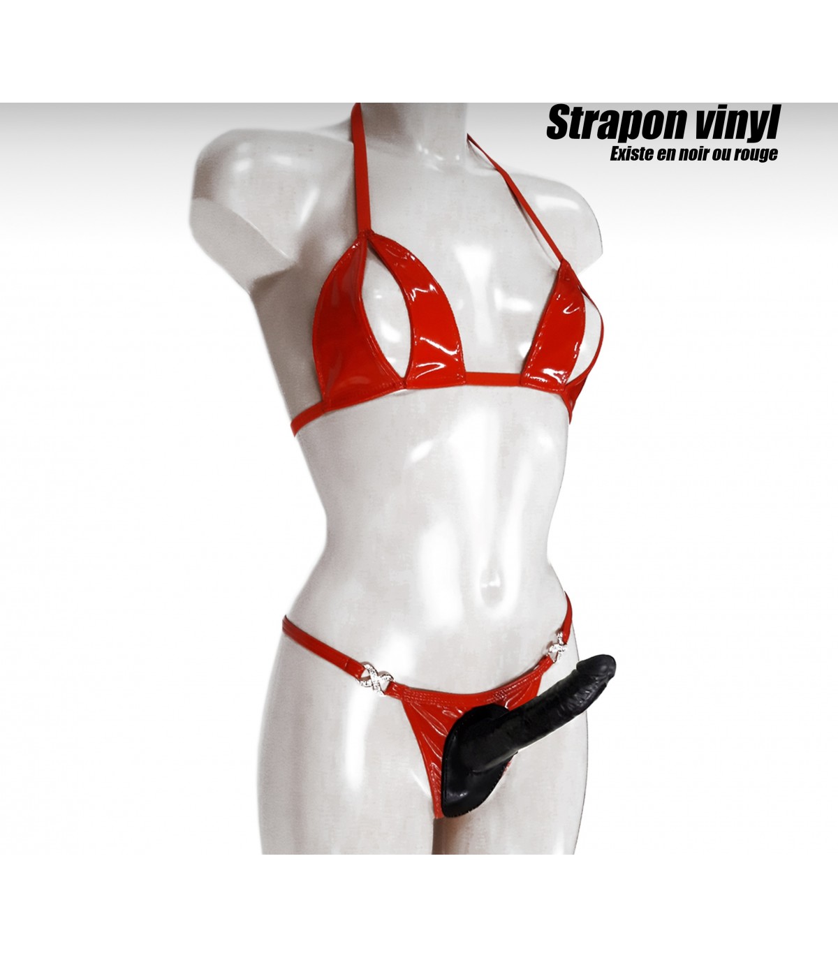 Conjunto de sujetador y tanga de vinilo rojo con strap-on
