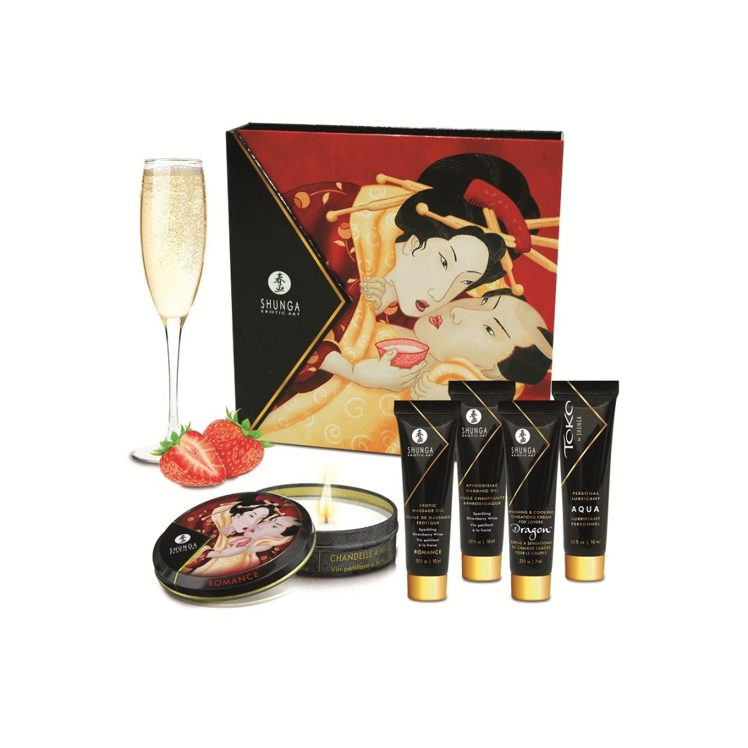 KIT SHUNGA SECRET GEISHA FRESA CHAMPAGNE con cinco productos de cosmética erótica