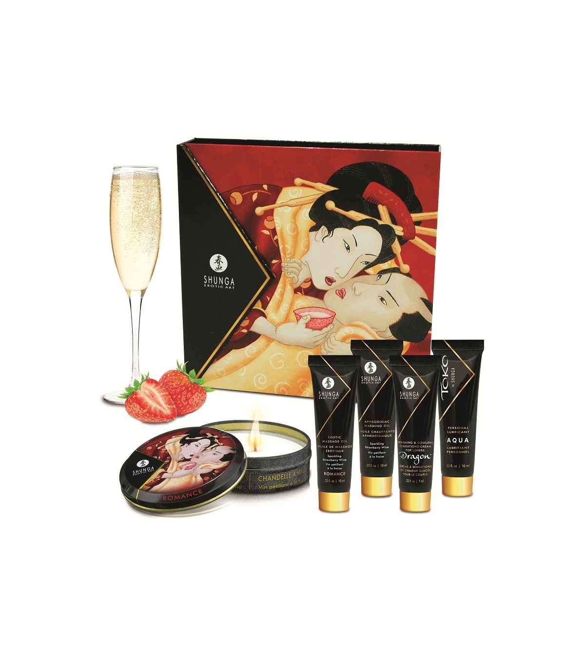 KIT SHUNGA SECRET GEISHA FRESA CHAMPAGNE con cinco productos de cosmética erótica