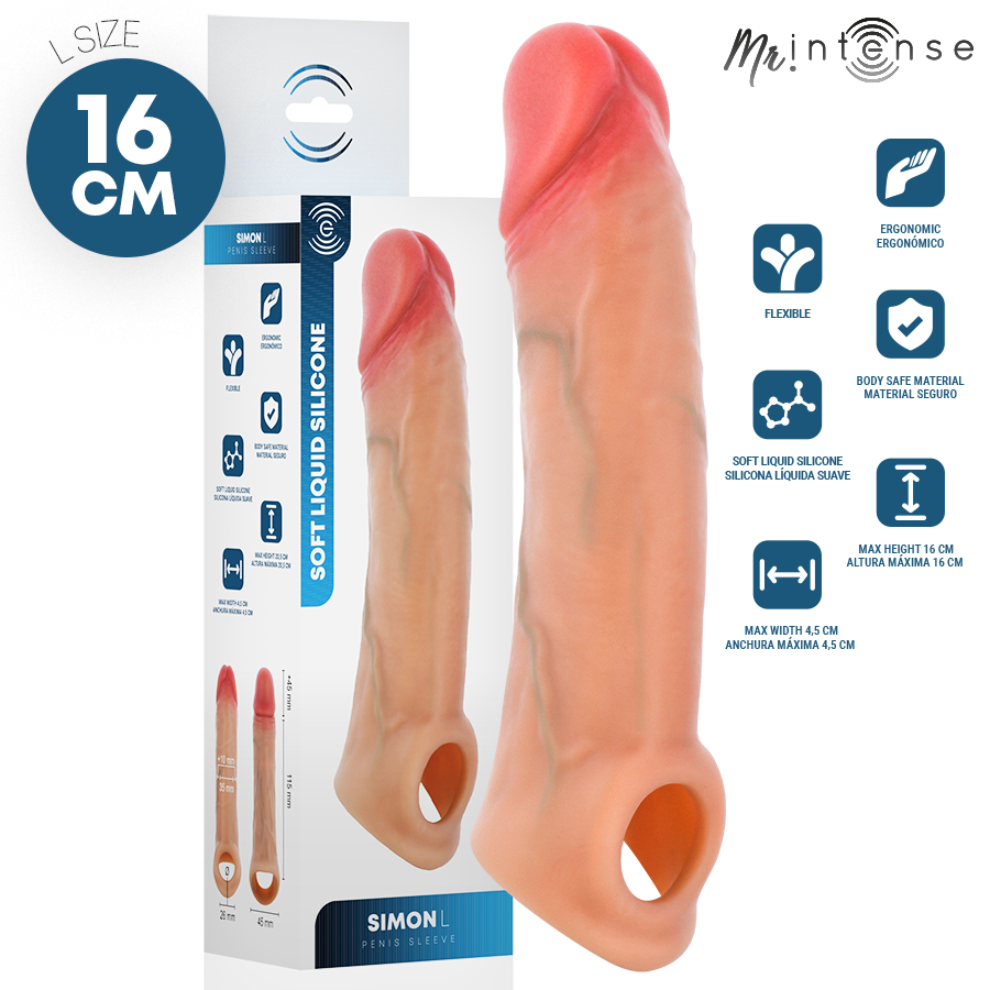 Funda de pene Mr Intense Simon L de silicona líquida, longitud total 16 cm