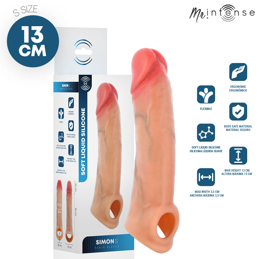 Funda de pene Mr Intense Simon S de silicona líquida, longitud total 13 cm