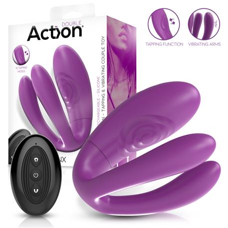 Vibrador para parejas ACTION Twinx morado con mando a distancia y su envase
