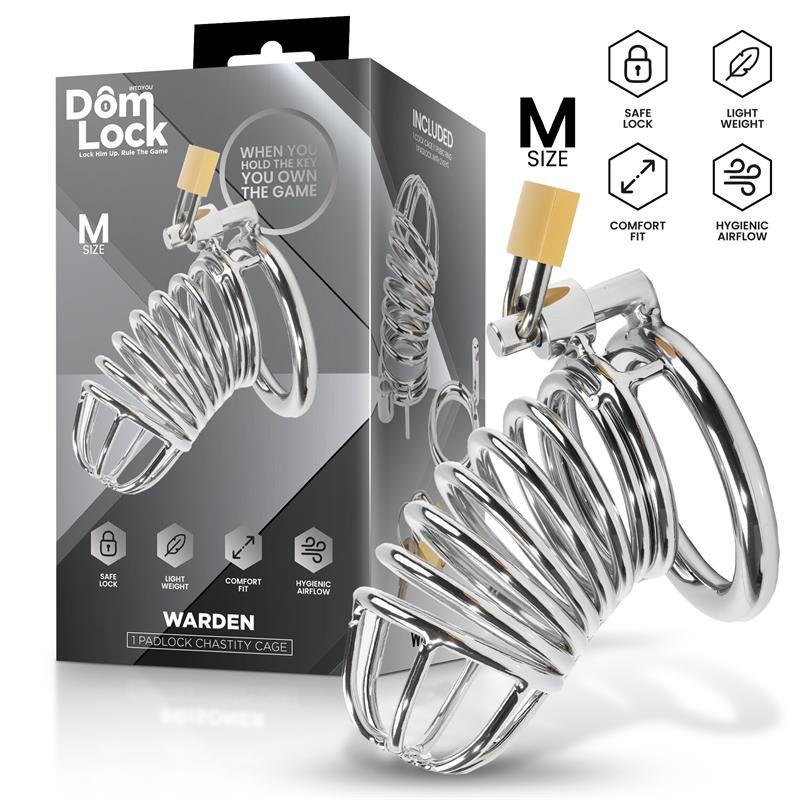 Vista lateral de la jaula para el pene Domlock Warden talla M